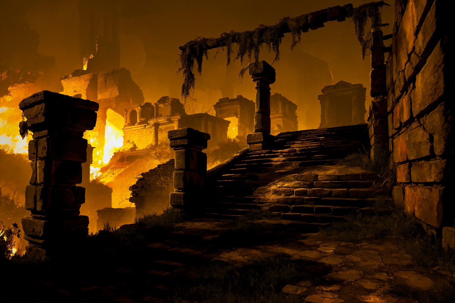 00548-3775693610-Concept art, eerie horror scenes, western magic style, scenery, ruins, outdoors, stairs, fire, sitting,_lora_Scary scenes_1_,.png